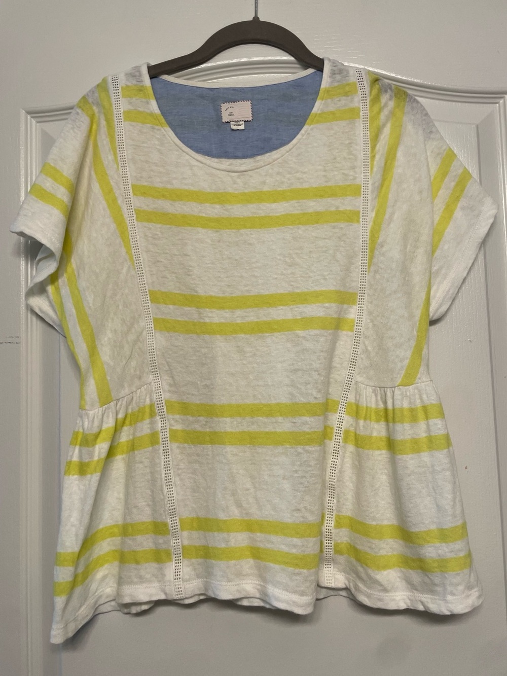 Anthropologie Postmark Small Linen Blend Striped Peplum Top Yellow White S